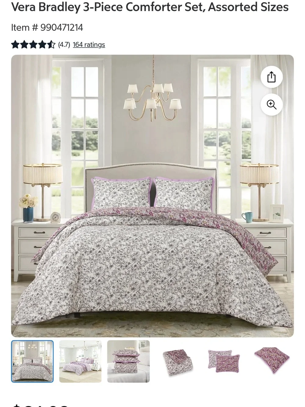Vera Bradley Cream and Lavender Reversible Floral Comforter Set